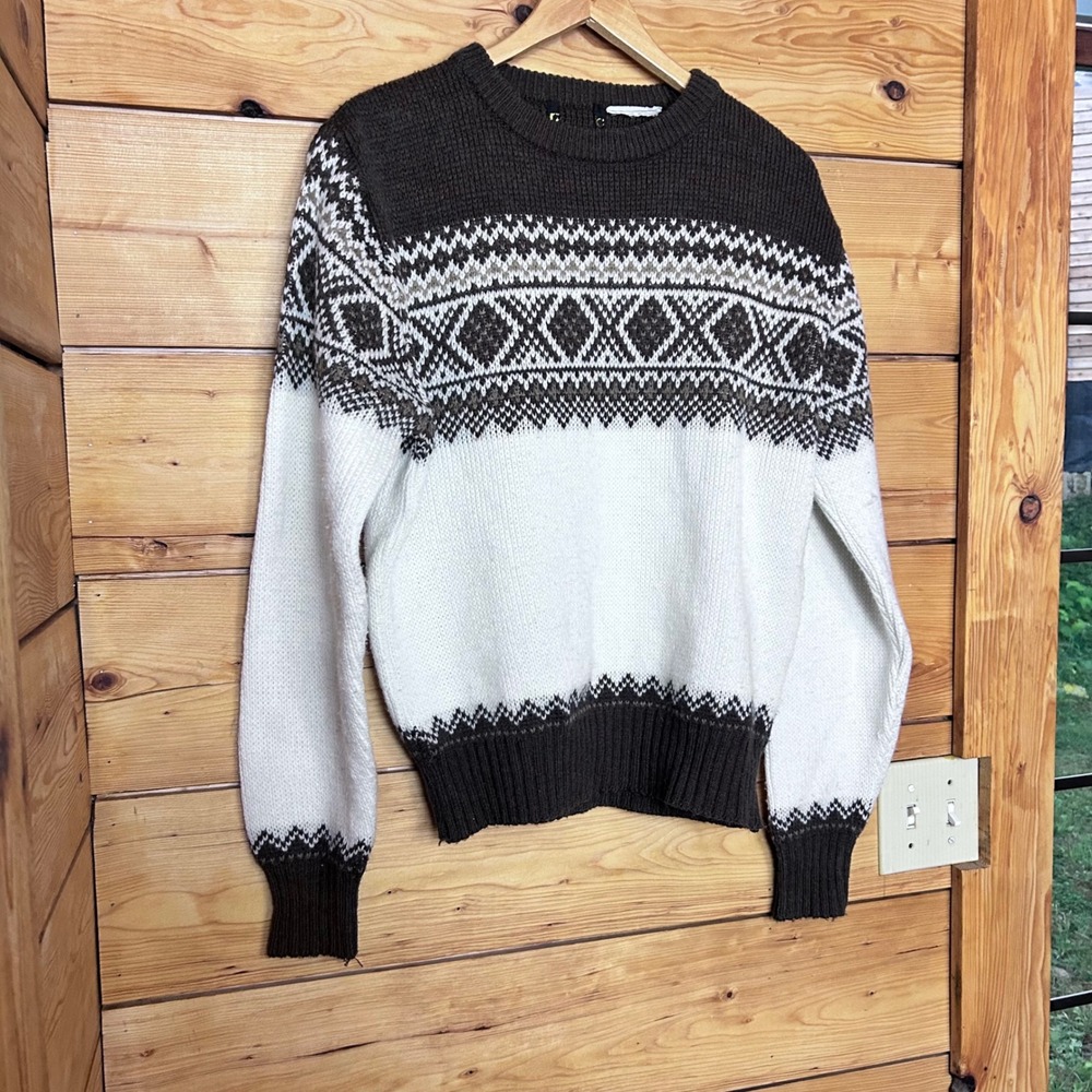 Vintage Fair Isle Sweater Mens Large Brown Nordic Knit Cabincore Retro MCM